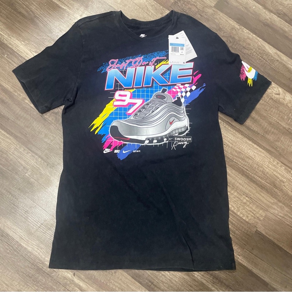 Nike Black Tee with Neon Pink, Blue & Yellow Graphic